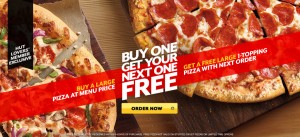 Buy one large pizza and get one FREE at Pizza Hut today! Yum!