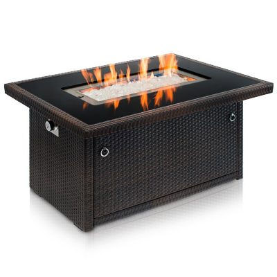 Espresso Brown/Rectangle Outland Living Series 401 Brown 44-Inch Outdoor Propane Gas Fire Pit Table Black Tempered Tabletop w/Arctic Ice Glass Rocks and Resin Wicker Panels 