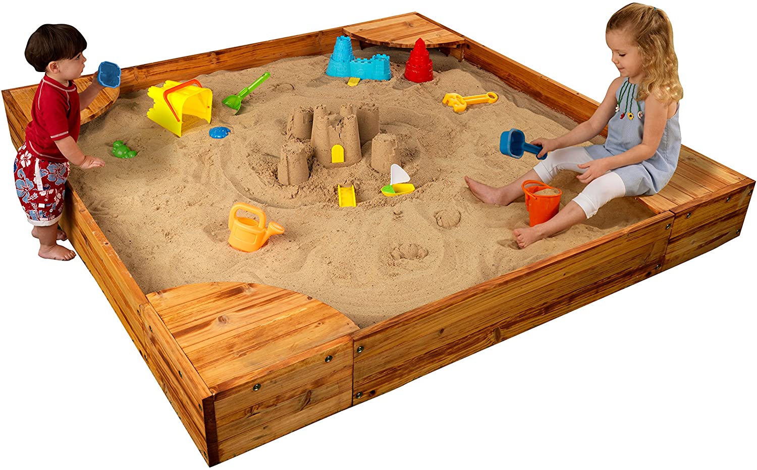 KidKraft Wooden Backyard Sandbox With Built in Corner Seating And Mesh 