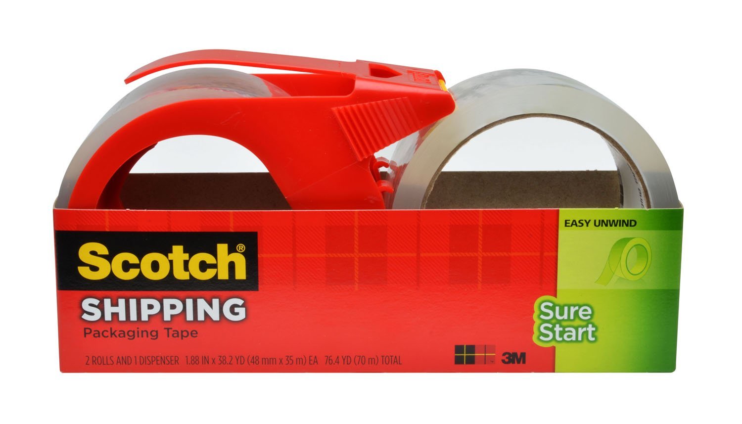 Scotch Sure Start Shipping Packaging Tape, 2 Rolls and 1 Dispenser Only ...