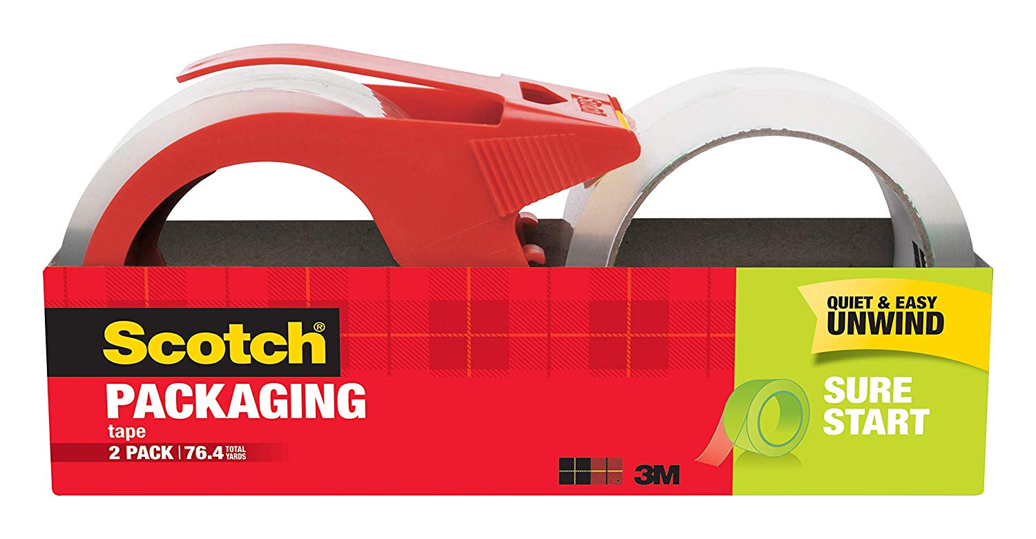 Scotch Sure Start Shipping Packaging Tape, 1.88 x 38.2 Yards, 2 Rolls and 1 Dispenser (3450S2