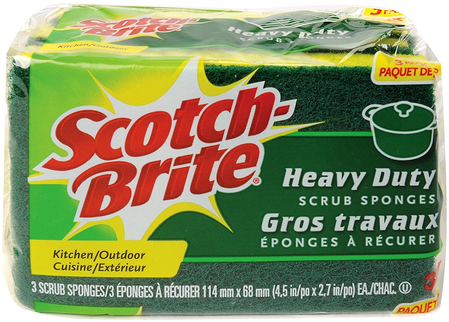 Scotch-Brite MMMHD3 Heavy Duty Scrub Sponge, Yellow & Green, 3 Per Pack ...