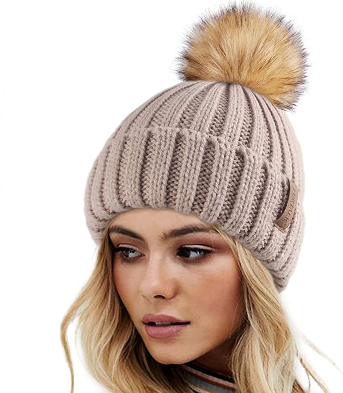 FURTALK Womens Winter Knitted Beanie Hat with Faux Fur Pom Warm Knit
