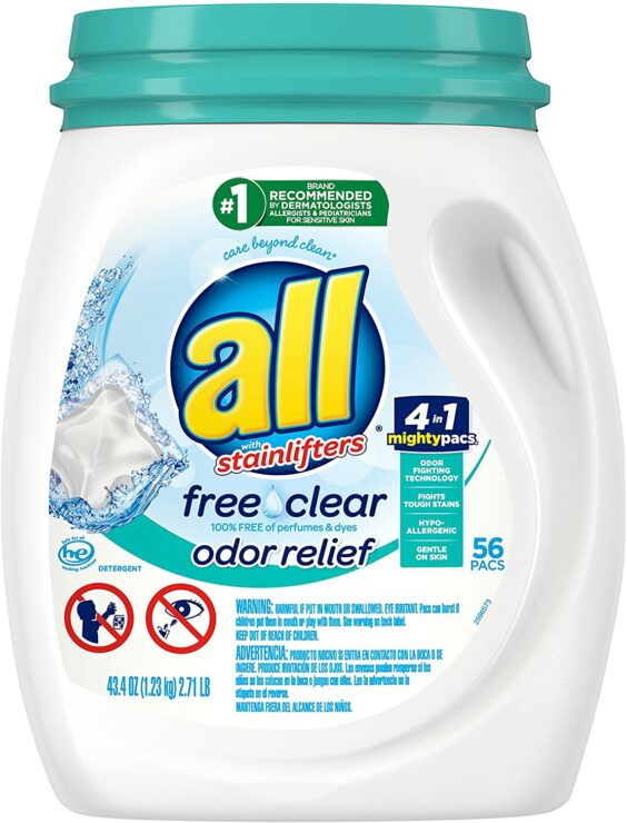 All Mighty Pacs Laundry Detergent Free Clear Odor Relief, Tub, 56 Count
