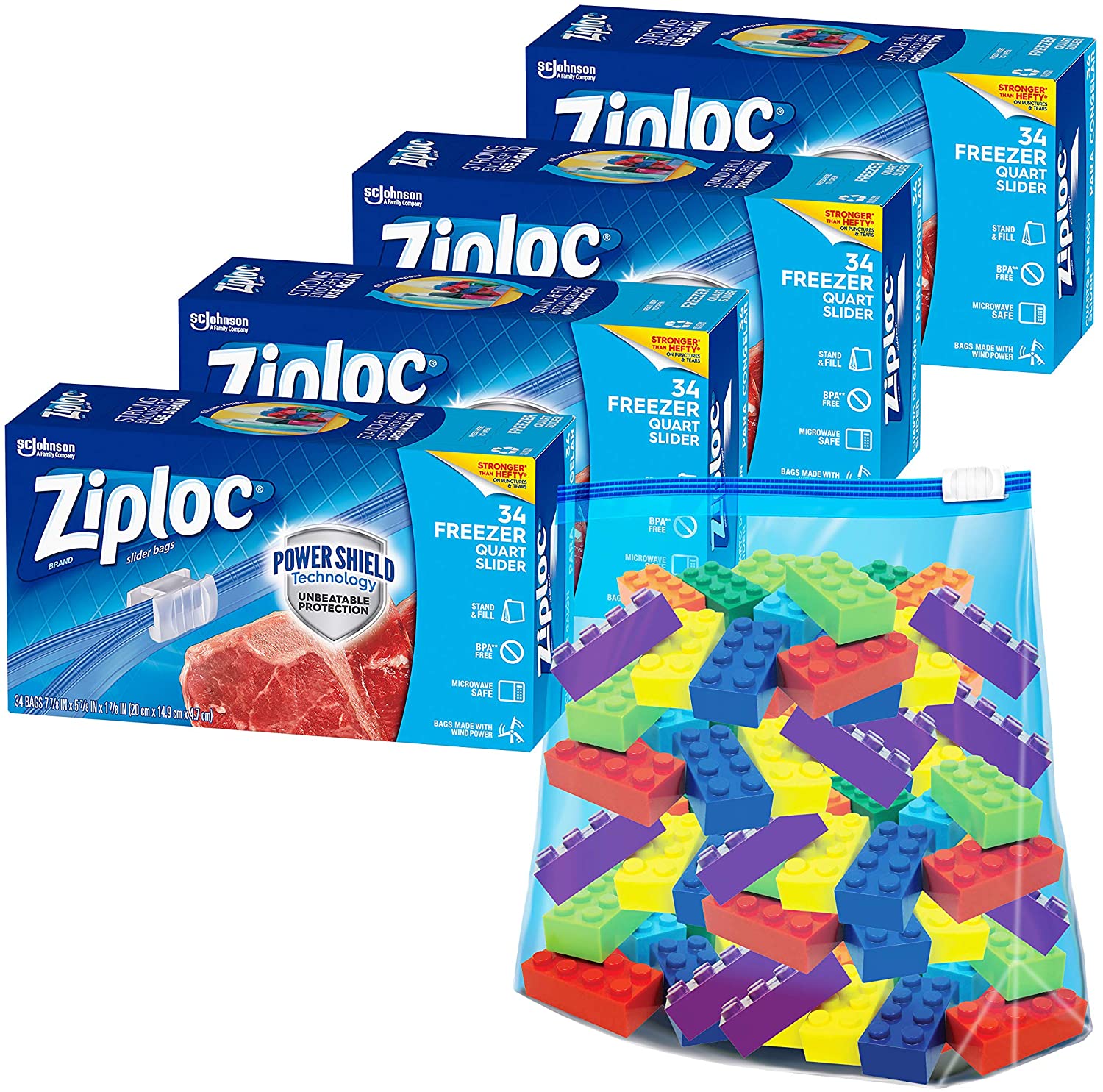 Ziploc Slider Freezer Bags with New Power Shield Technology, Quart, 34