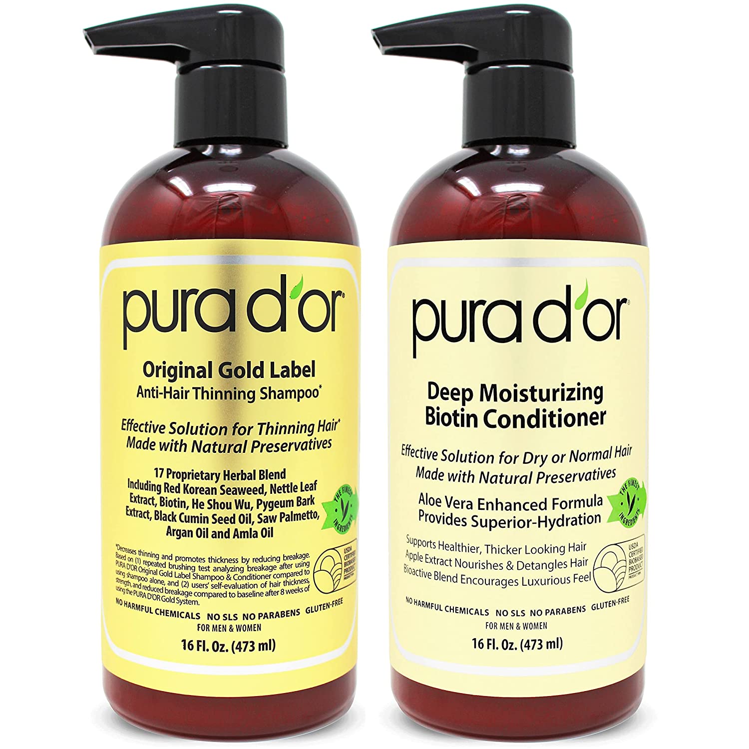 PURA D'OR Biotin Original Gold Label Anti-Thinning (16oz x 2) Shampoo ...