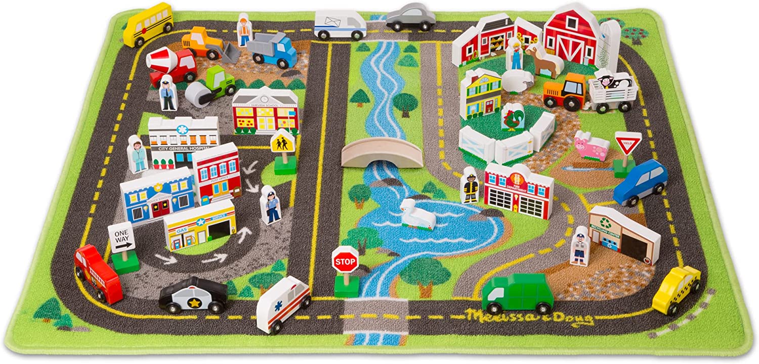 Melissa & Doug Deluxe Tappeto Attività Multiveicolo 100x93 Cm Con Treni E Segnali
