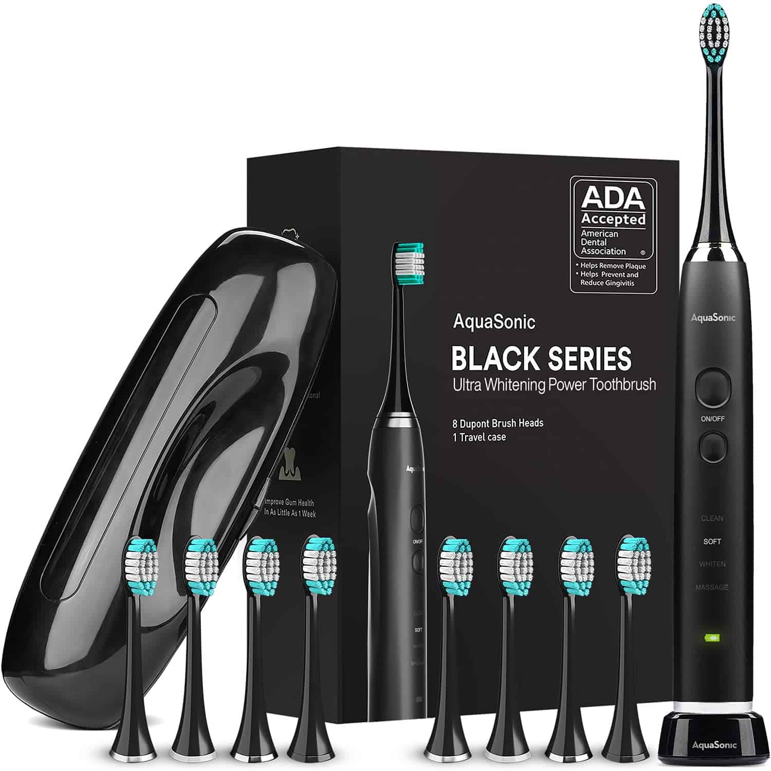 Aquasonic Black Collection Extremely Whitening Toothbrush – ADA Accepted Electrical Toothbrush – 8 Brush Heads & Journey Case – 40,000 VPM Electrical Motor & Wi-fi Charging