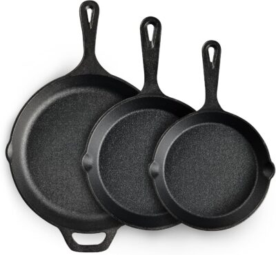 EWFEN Cast Iron Skillet 3-Piece Set, 6″, 8″, 10″ Pans Only $19.99
